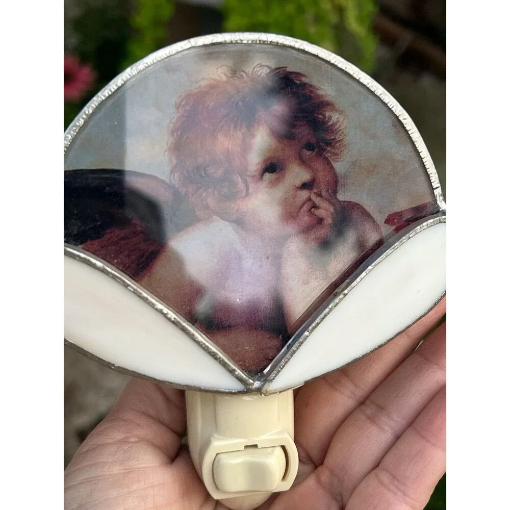 Vintage Cherub Angel Night Light Stained Glass Raphael Victorian Cottagecore